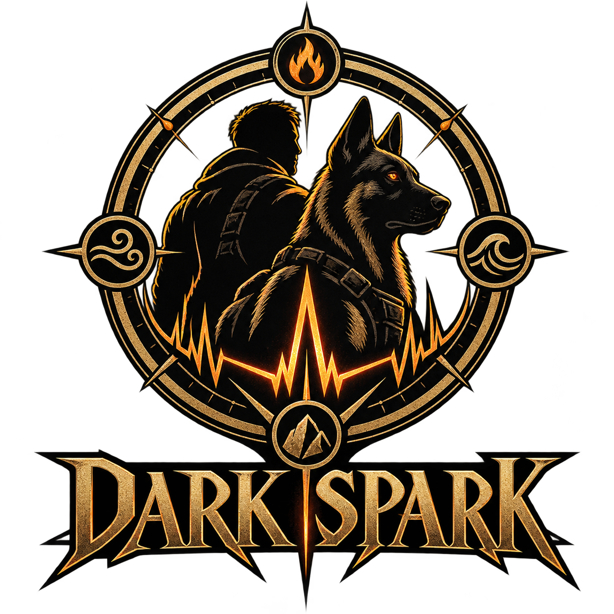 Dark Spark emblem: handler and working dog inside an elemental ring
