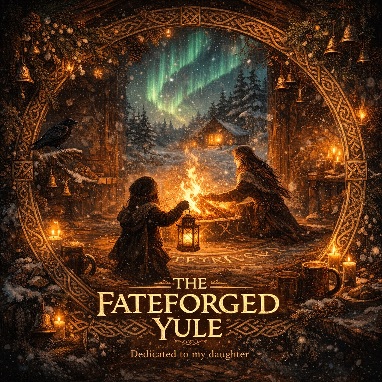 The FateForged Yule cover: a child and adult gather by a fire under northern lights, dedicated to the artist’s daughter