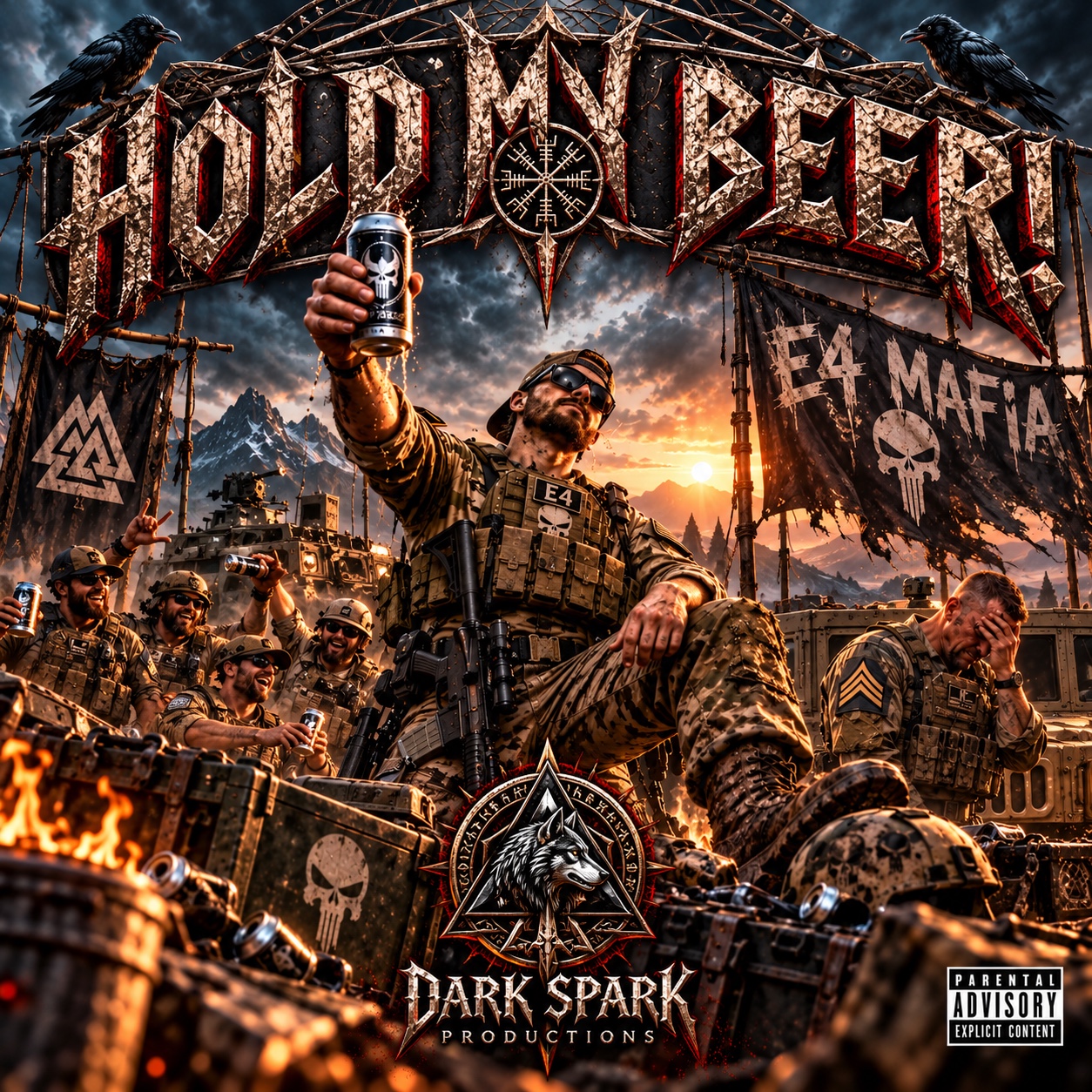 Hold My Beer cover: soldiers celebrate beneath a metallic title and E4 Mafia banners