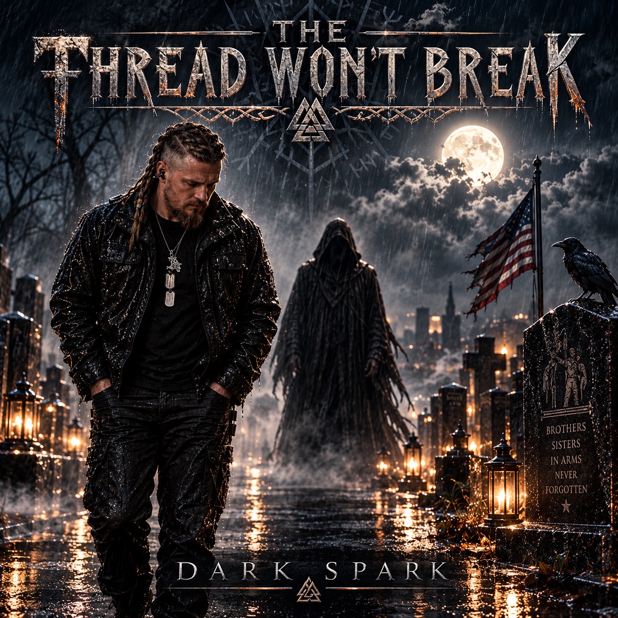 The Thread Won’t Break cover: Dark Spark walks through a rain-soaked memorial beneath a moonlit sky