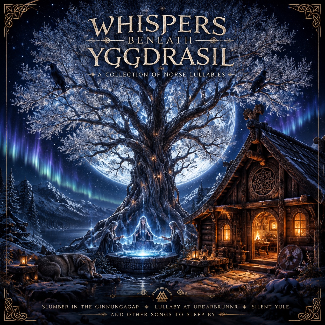 Whispers Beneath Yggdrasil cover: a luminous world tree, ravens, three figures, and a warm cabin in a snowy night